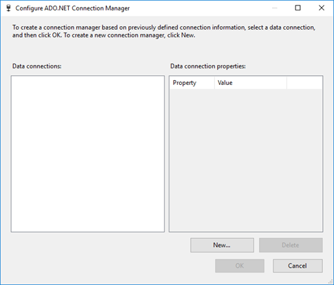 “配置 ADO.NET 连接管理器”对话框的屏幕截图。控件可用于设置和配置连接管理器。