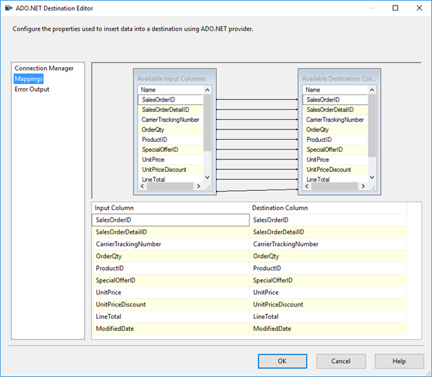 ADO.NET 目标编辑器的“映射”选项卡的屏幕截图。源表和目标表中具有相同名称的行连接列。