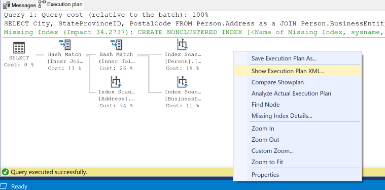 Screenshot showing the menu that appears after right clicking on an execution plan.