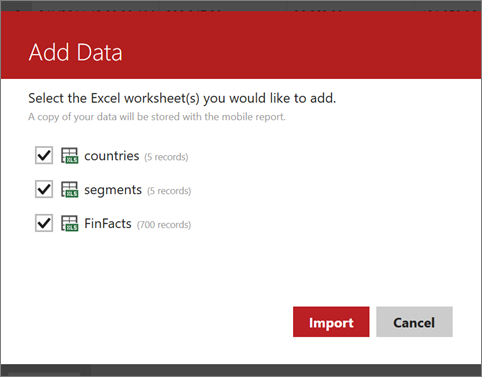 Screenshot of the screen used to add Excel data.