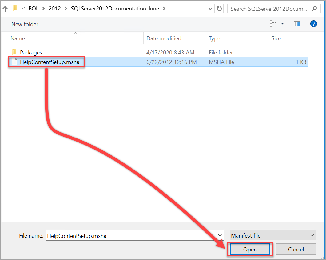 打开 SQL Server 2012 的“Help Content Setup.msha”文件