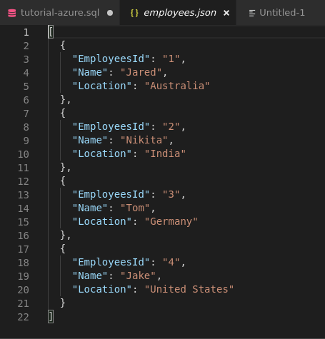 Visual Studio Code UI 中编辑器中的另存为 JSON 的屏幕截图。
