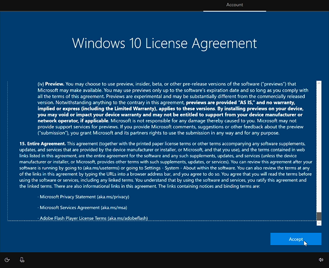 接受Windows 10许可协议。
