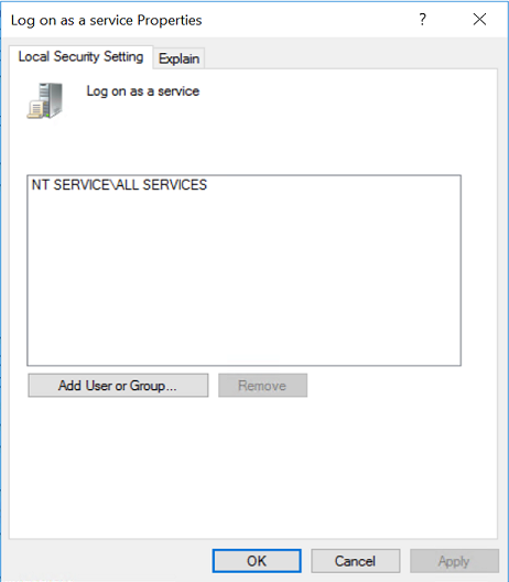 “作为服务属性登录”窗口中“本地安全设置”选项卡的屏幕截图。应存在“NT SERVICE\ALL SERVICES”组。