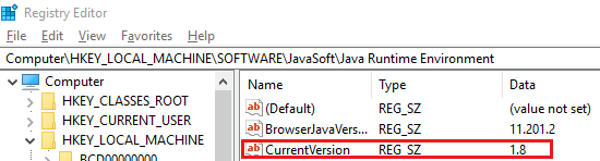 注册表中 Java 运行时环境版本的屏幕截图。