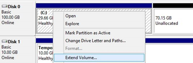 磁盘管理中 Windows 卷的快捷菜单上的“扩展卷”的屏幕截图。