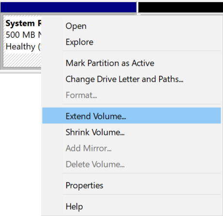 正在为系统保留卷扩展的“扩展卷”选项的屏幕截图。