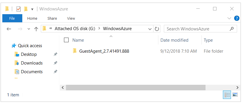附加的 OS 磁盘中的 GuestAgent 文件夹示例的屏幕截图。