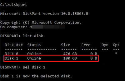 diskpart 窗口显示 list disk 和 sel disk 1 命令的输出。磁盘 0 和磁盘 1 显示在表中。磁盘 1 是所选磁盘。