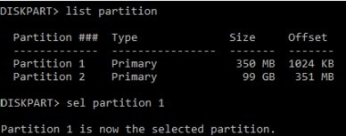 diskpart 窗口显示列表分区和 sel partition 1 命令的输出。分区 1 是所选磁盘。