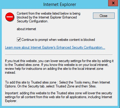 Internet Explorer 对话框的屏幕截图，其中选中了“阻止网站内容时继续提示”选项。
