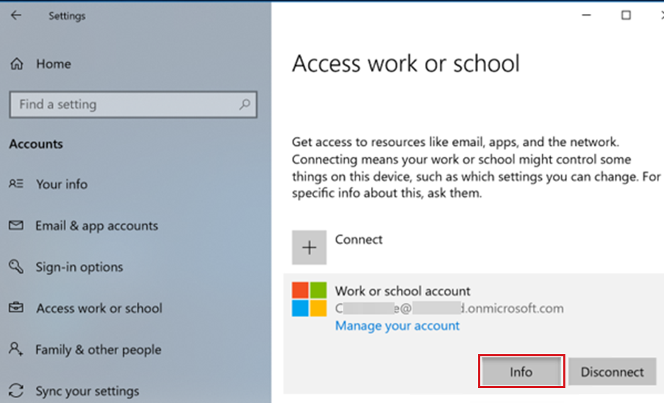 “访问工作或学校”窗格的屏幕截图。Windows 设备上突出显示了“信息”按钮。