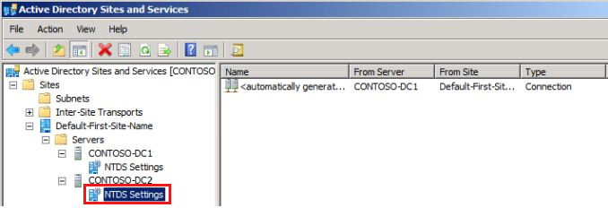 Active Directory 站点和服务窗口的屏幕截图，其中选择了“NTDS 设置”。