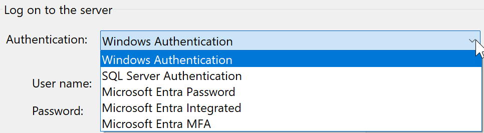屏幕截图显示 Visual Studio 17.8 及更高版本的身份验证类型。