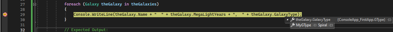 Visual Studio 调试器的屏幕截图，其中显示了一个黄色的代码行，代码行末尾的 theGalaxy.GalaxyType 属性下展开了一个菜单。