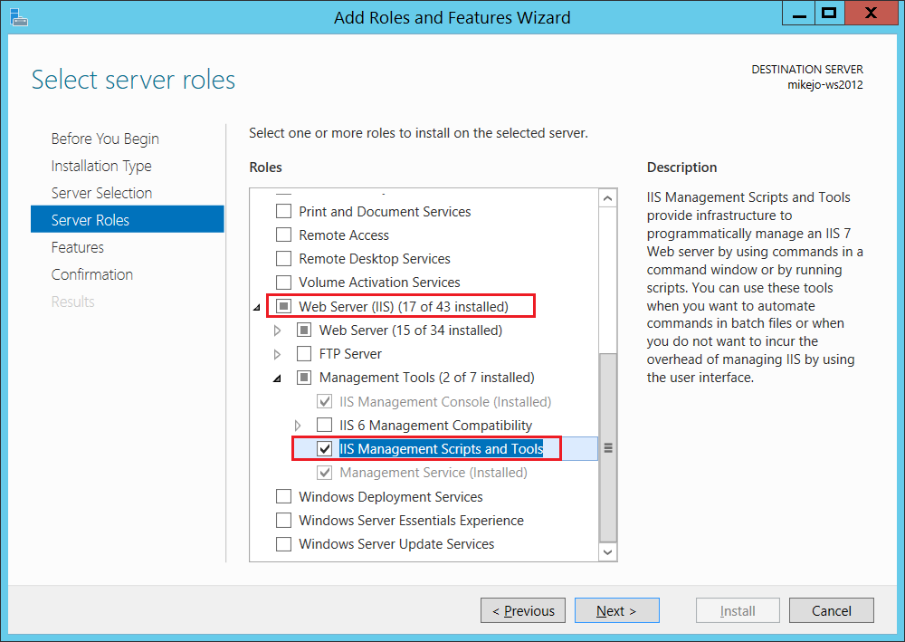 Select the "Web Server IIS" role in the choice of server roles step.