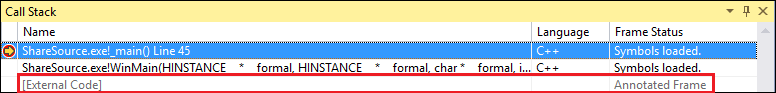 “调用堆栈”窗口中的“外部代码”的屏幕截图。