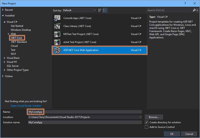 ASP.NET Core Web Application project template in the New Project dialog box in the Visual Studio IDE.