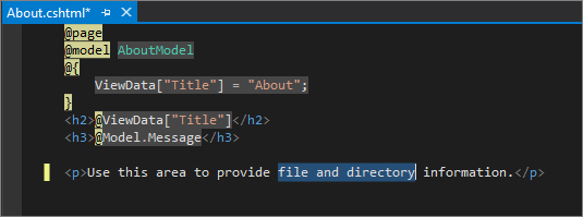 Screenshot shows the content in the About dot c s h t m l file in the Visual Studio code editor.