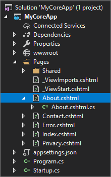 Screenshot shows the About dot c s h t m l file selected in the Solution Explorer in Visual Studio.