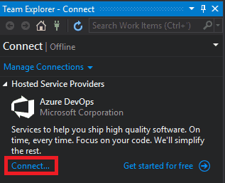 The Hosted Service Providers section of the Team Explorer window within the Visual Studio IDE.