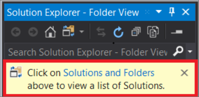 Visual Studio 2019 版本 16.7 及更低版本中，团队资源管理器中“解决方案和文件夹”通知的屏幕截图。