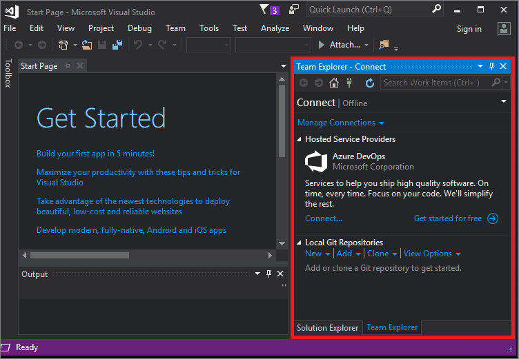 The Team Explorer window within the Visual Studio IDE
