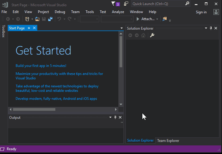 Animation of opening a project in a GitHub repo by using Visual Studio 2017.