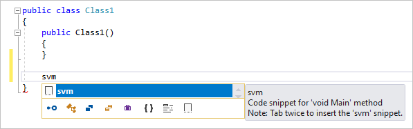 Visual Studio 中代码片段的 IntelliSense 弹出项的屏幕截图。