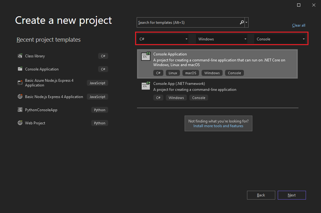 “创建新项目”窗口的屏幕截图，其中选择了“控制台应用程序”。