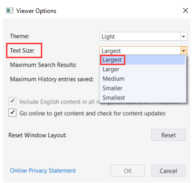 Screenshot of the Viewer Options dialog. The Text Size label is called out. In the Text Size list, Largest is selected.