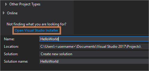 选择“新建项目”对话框中的“打开 Visual Studio 安装程序”链接