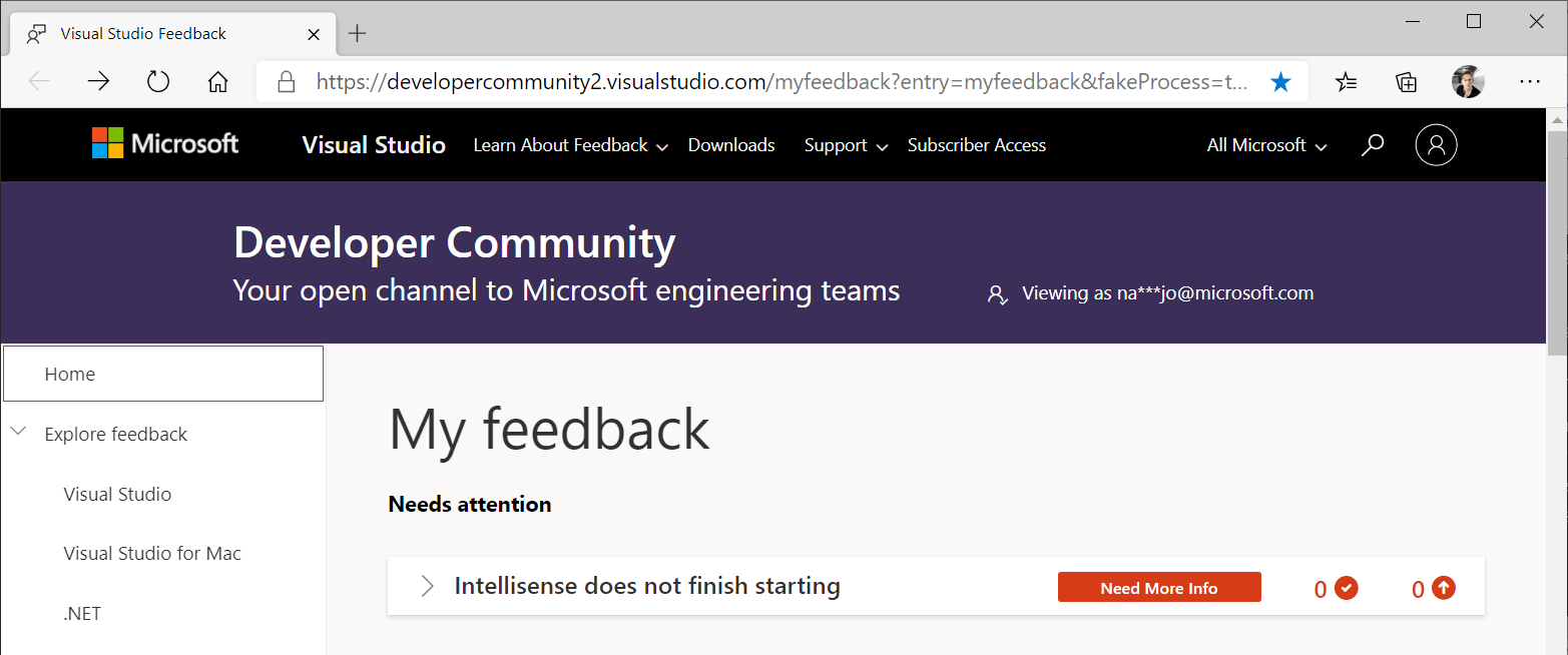 Visual Studio 反馈窗口主页的屏幕截图。 列出了一个反馈项，并使用红色的“需要更多信息”标签进行了标记。