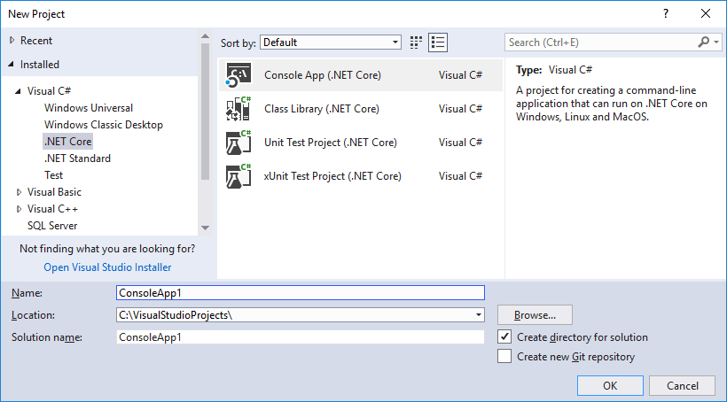 Screenshot of the New Project dialog box that lists the project templates you can choose from.