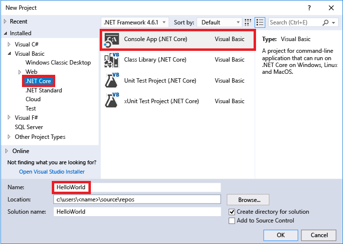 Visual Studio IDE 中“新建项目”对话框中的控制台应用 (.NET Core) 项目模板