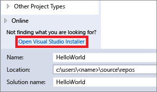 单击“新建项目”对话框中的“打开 Visual Studio 安装程序”链接