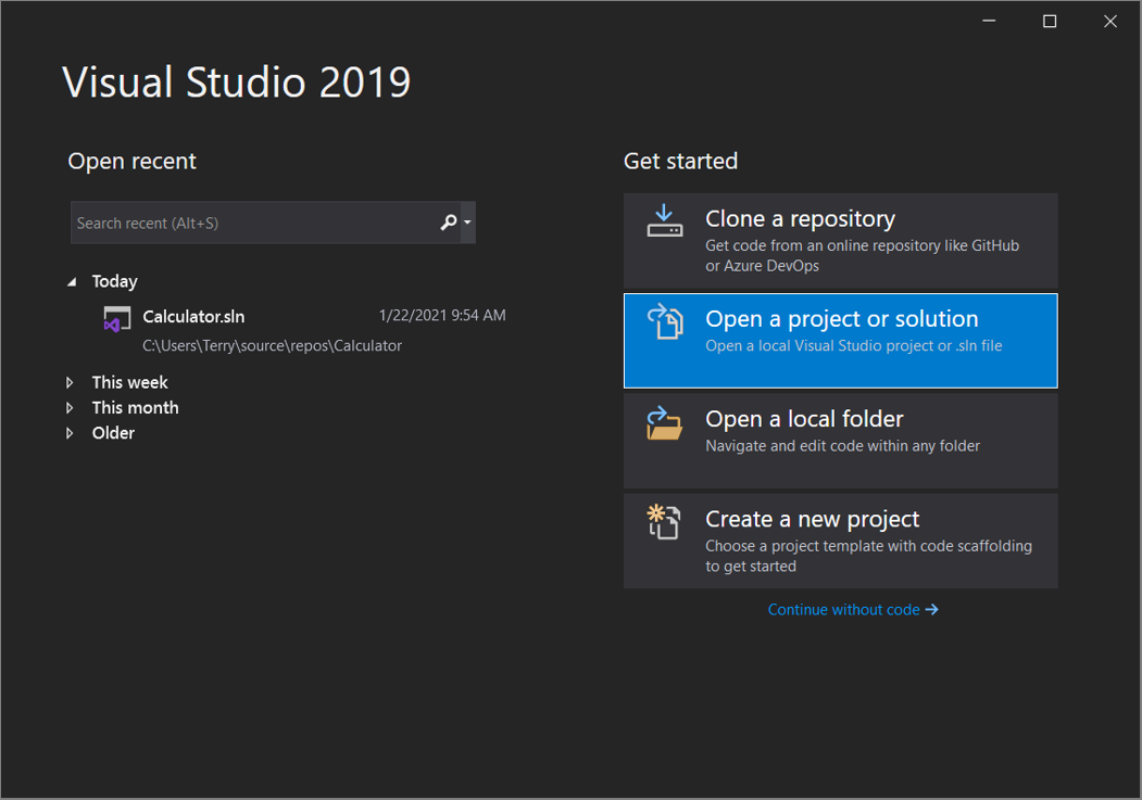 Visual Studio 2019 版本 16.8 及更高版本中“打开项目或解决方案”窗口的屏幕截图。