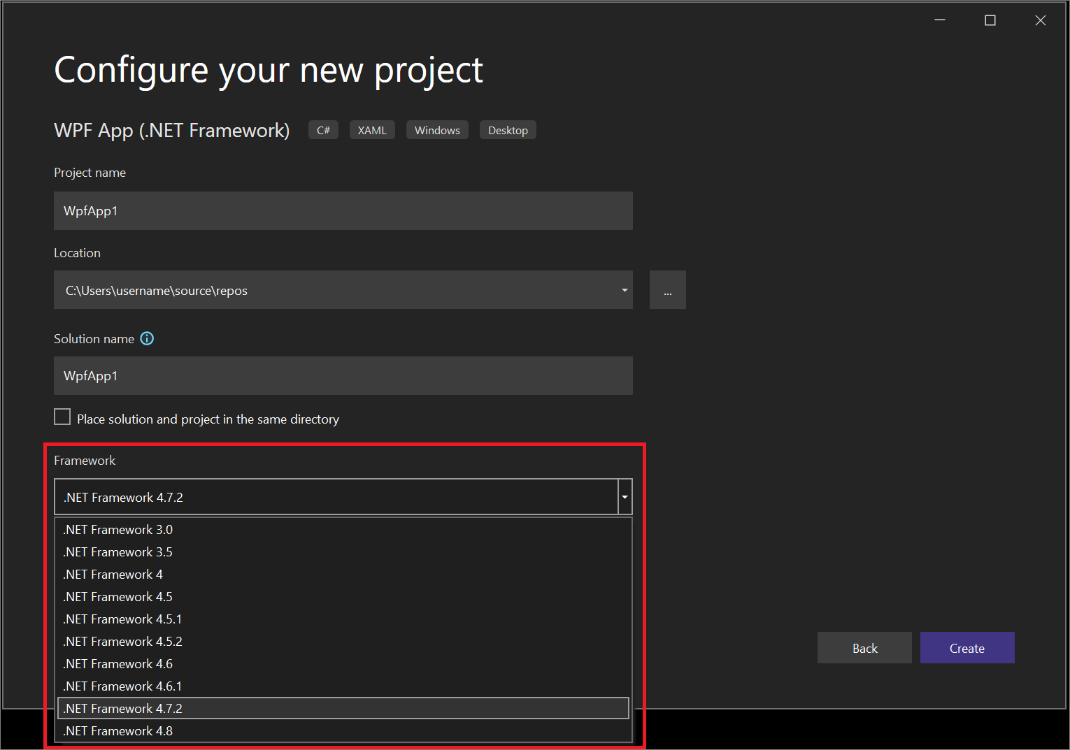 Screenshot of the Framework drop-down list in Visual Studio 2022.