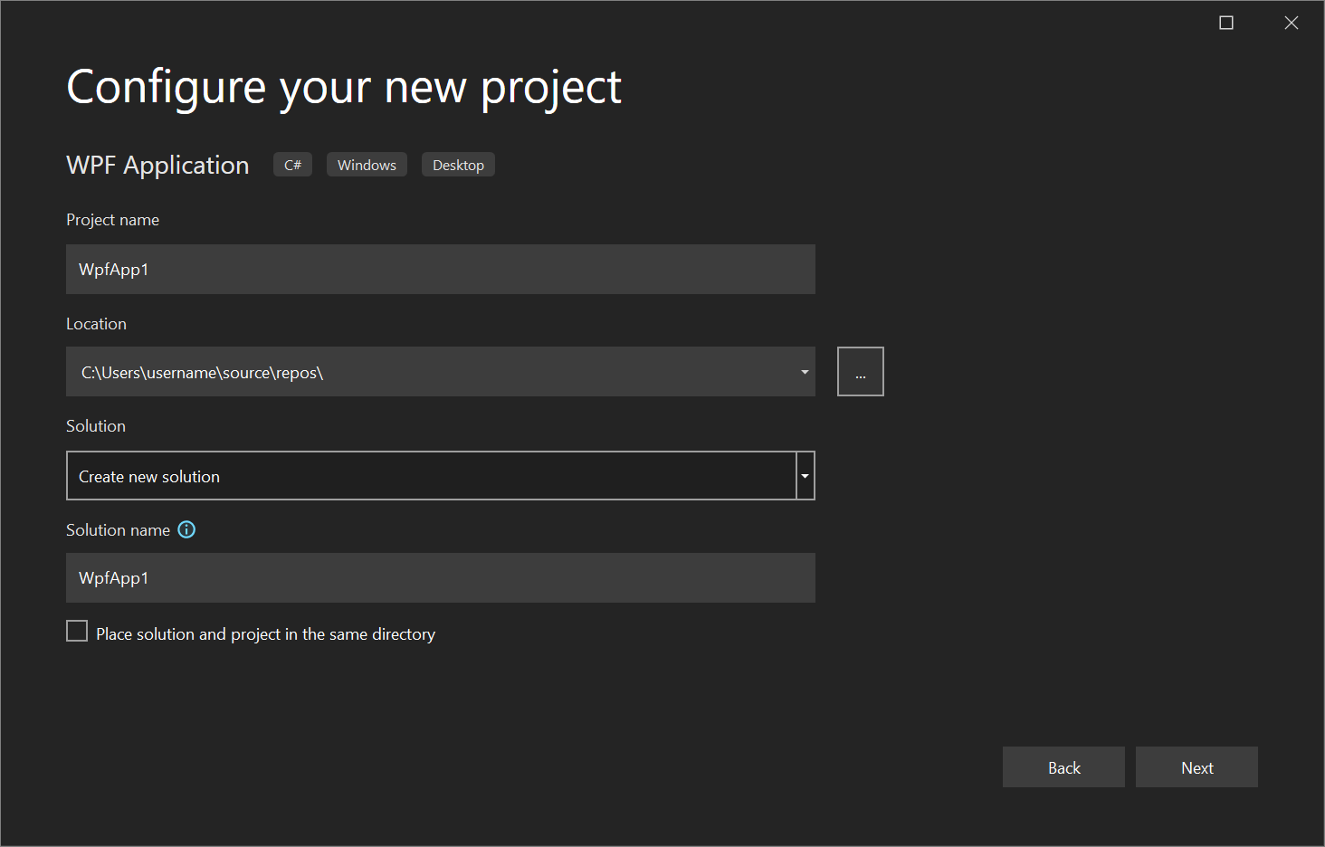 Screenshot of the 'Configure your new project' dialog box in Visual Studio 2022.
