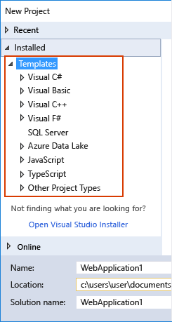 Screenshot of the New Project dialog box that shows a list of installed templates.