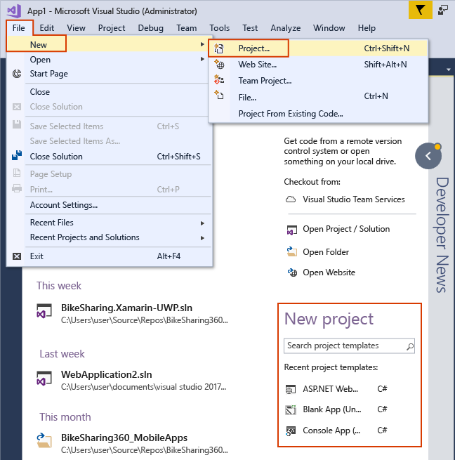 Screenshot of the menu bar in Visual Studio with the File > New > Project options selected.