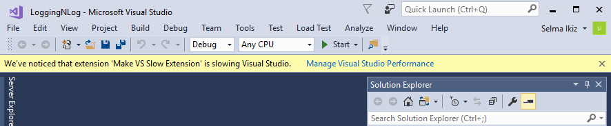 Manage Visual Studio Performance - popup reading 'We've noticed that extension ... is slowing Visual Studio'