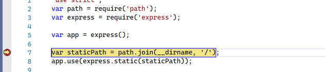 显示 JavaScript 代码的 Visual Studio 代码窗口的屏幕截图。左侧滚动条槽中带黄色箭头的红点表示代码暂停执行。