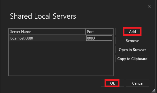 Screenshot that shows the Shared Local Servers window with Add and Ok selected.