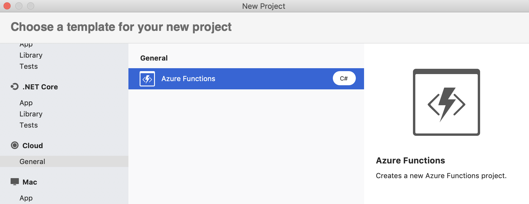 显示 Azure Functions 选项的“新建项目”对话框