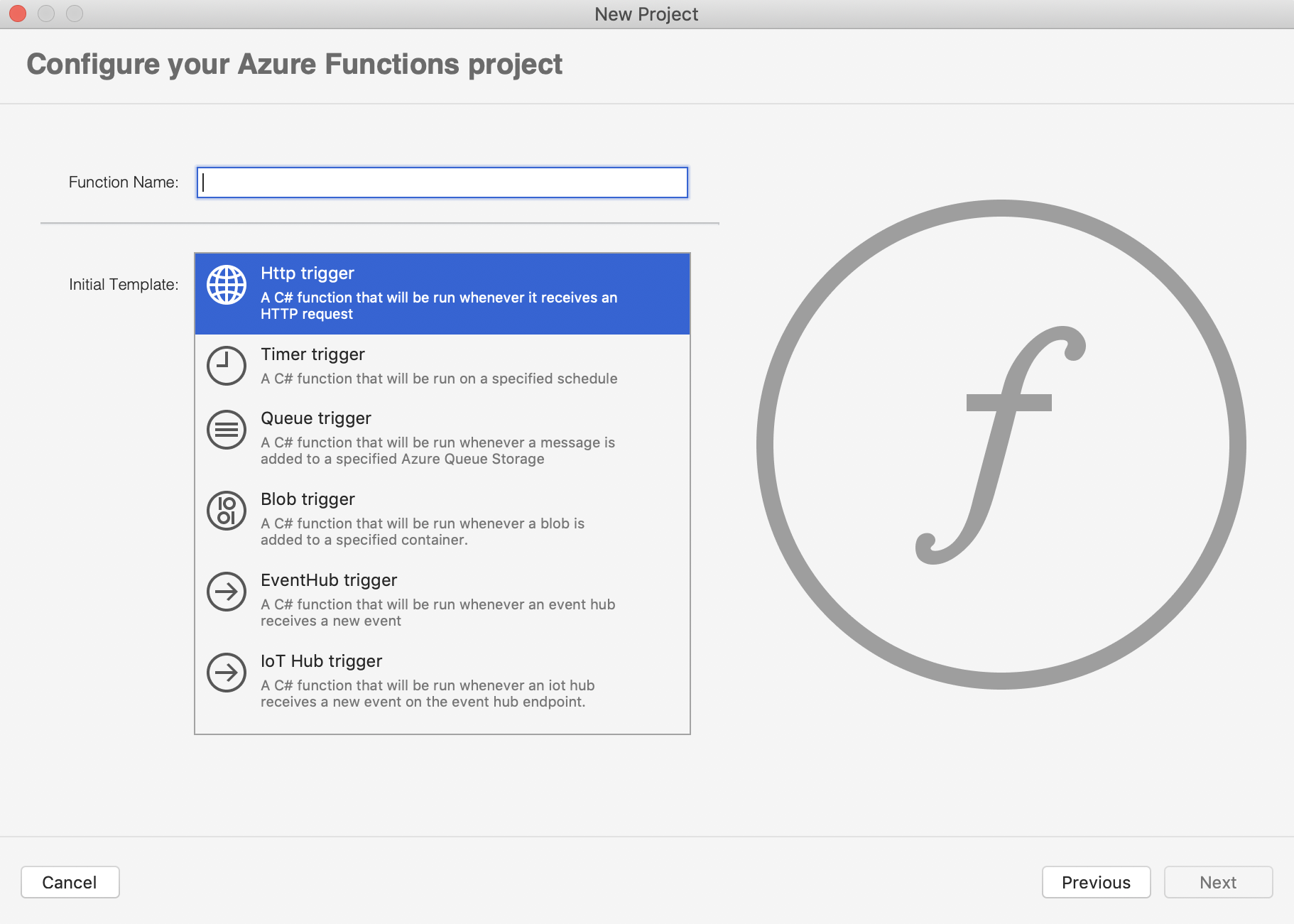 显示 Azure Functions 模板的“新建项目”对话框