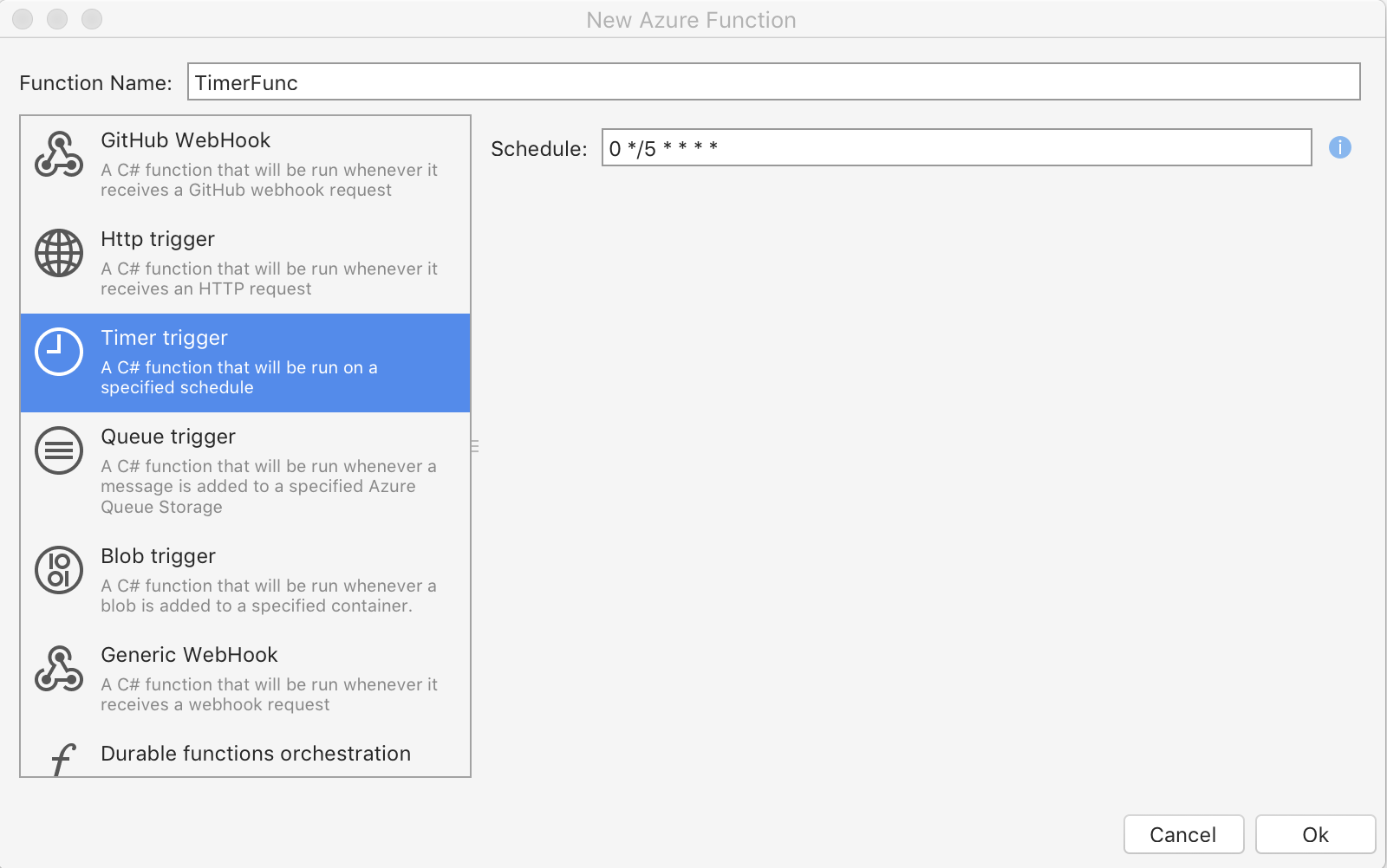 “新建 Azure 函数”对话框