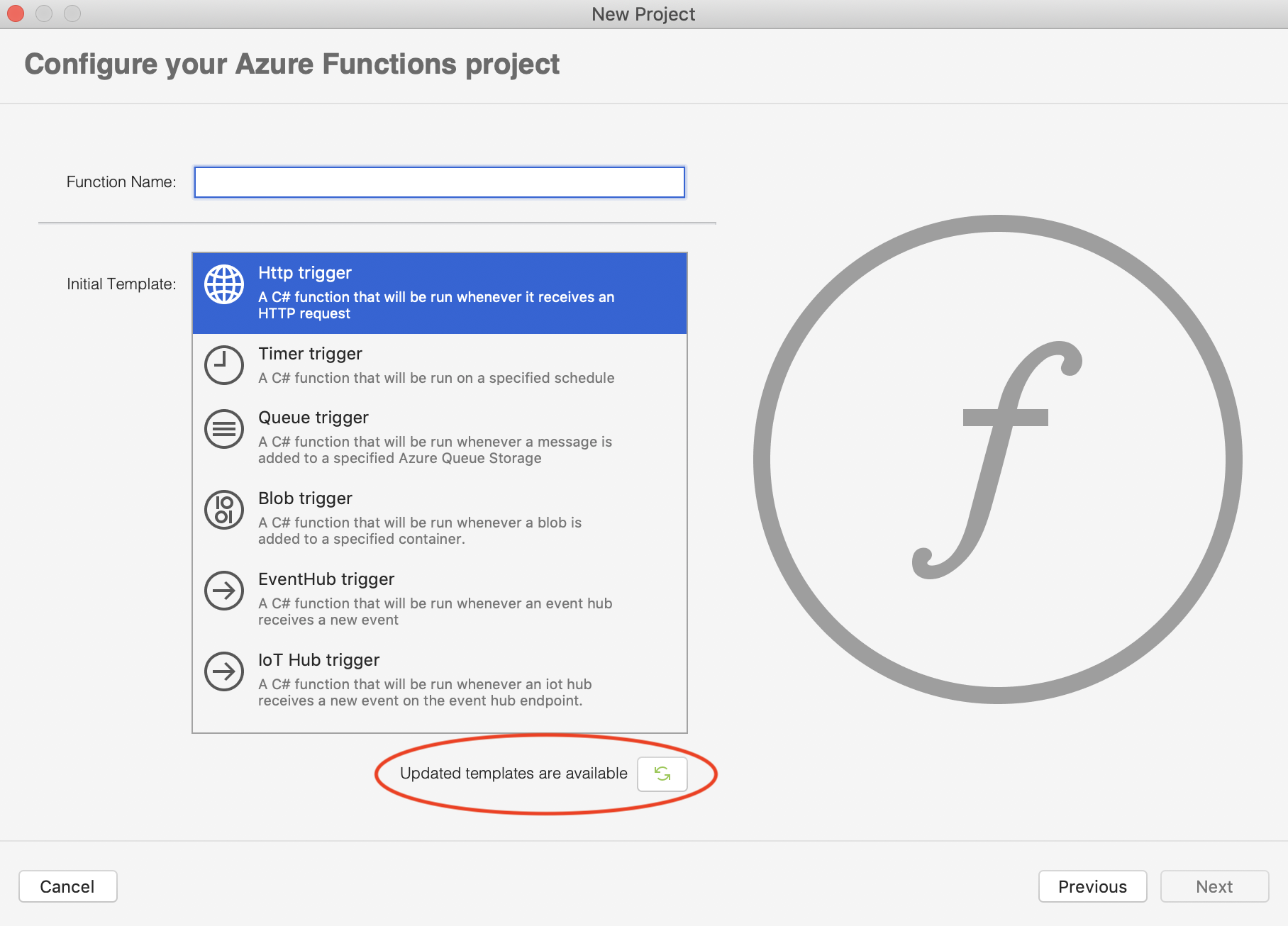 显示可用 Azure Functions 更新的“新建项目”对话框