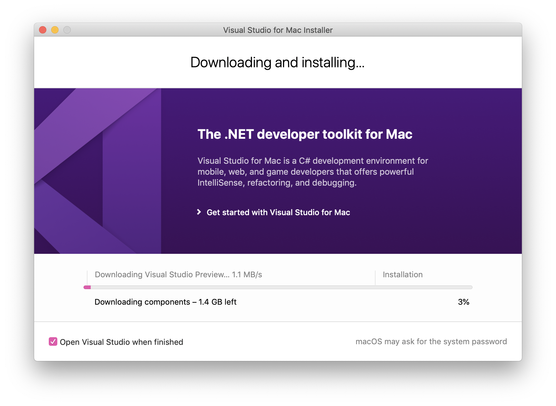 Visual Studio Mac 安装程序中的屏幕截图，其中显示了适用于 Mac 的 .NET 开发人员工具包的安装进度屏幕。
