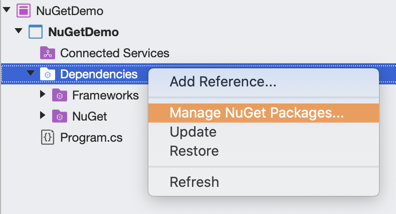 此屏幕截图显示了“管理NuGet包”的“依赖项”上下文菜单...突出显示了菜单。